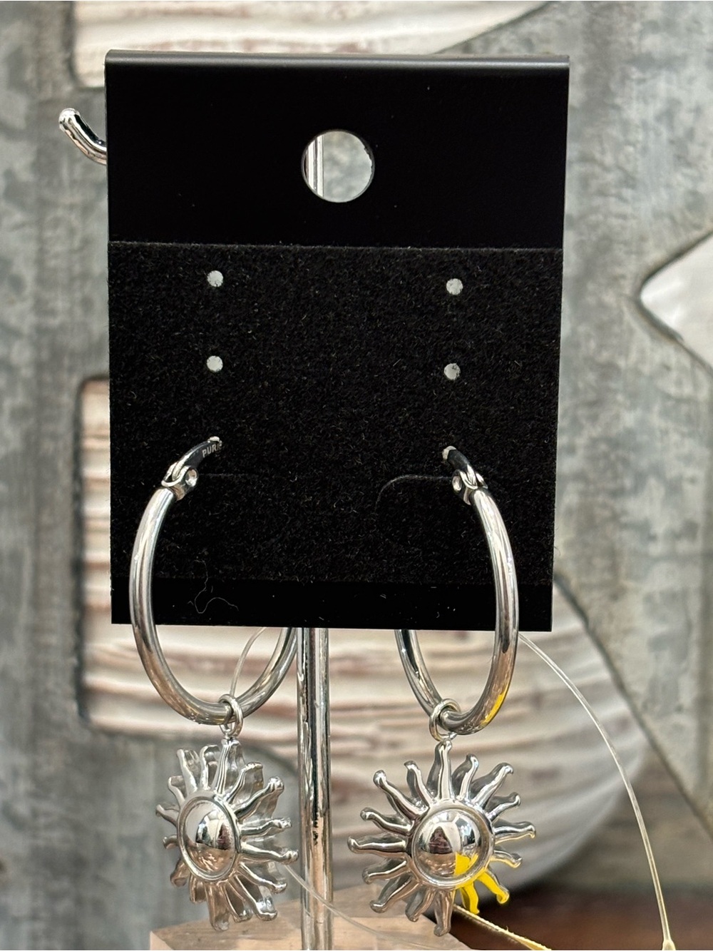 Sunburst Dangling Silver Sun Charm Hoop Earrings
